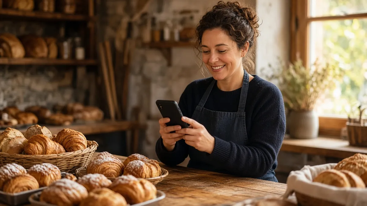 Smiling bakery owner checking her phone next to trays of fresh croissants