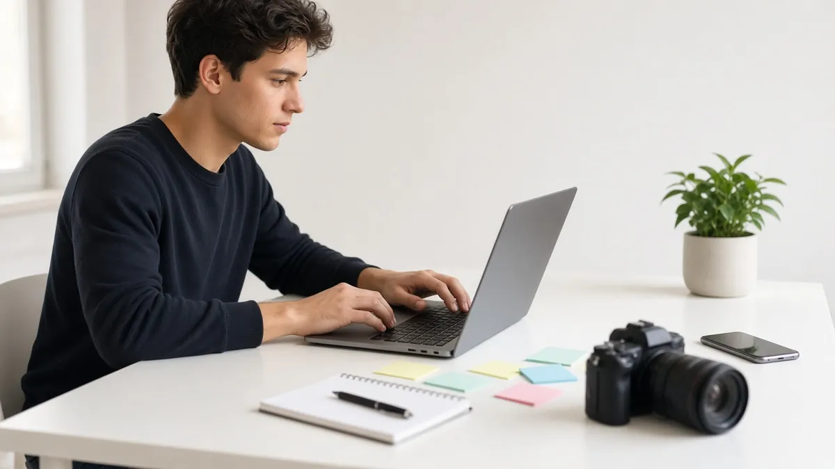 Creator planning posts on a laptop with a camera and sticky notes on the desk