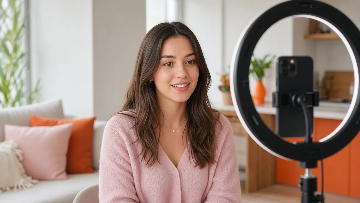 Young woman filming a video with a phone on a ring light in a bright living room