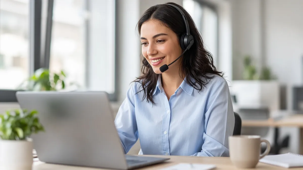 Smiling support agent with a headset working on a laptop in a bright office