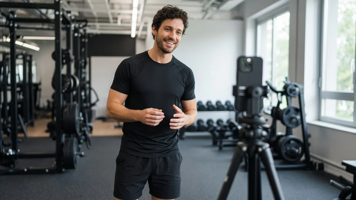 Fitness coach recording a workout tip with a phone on a tripod in a gym