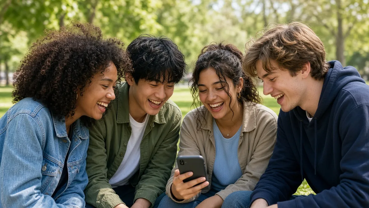 Group of friends smiling while looking at a smartphone together outdoors