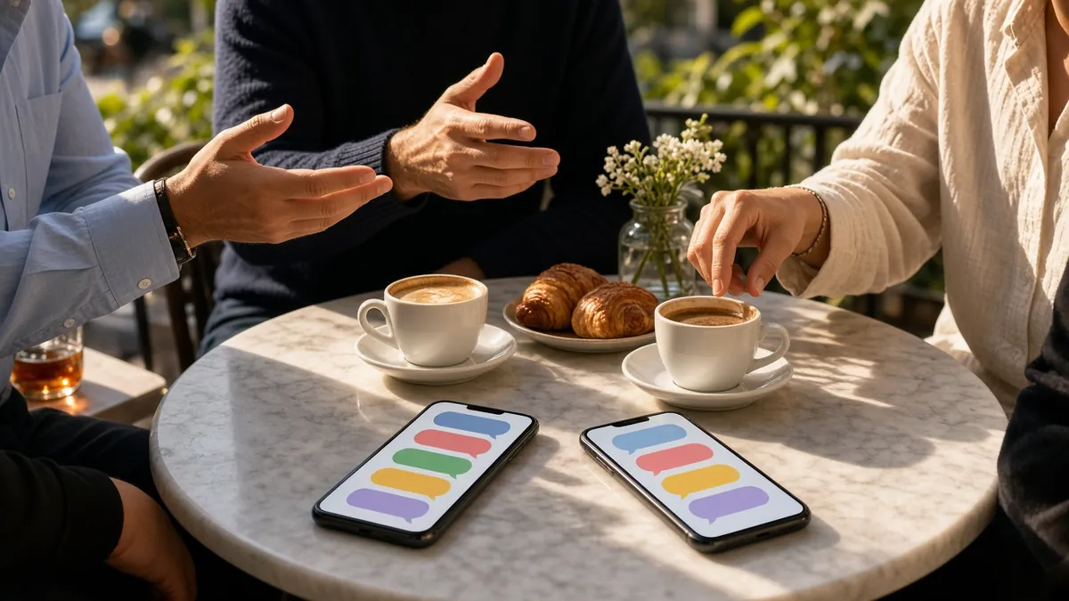 Friends chatting over espresso and croissants with two phones showing colorful message bubbles