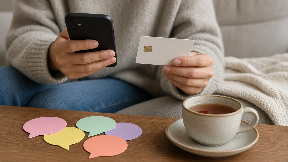 Person on a sofa holding a phone and a bank card, with paper speech bubbles and tea on the table