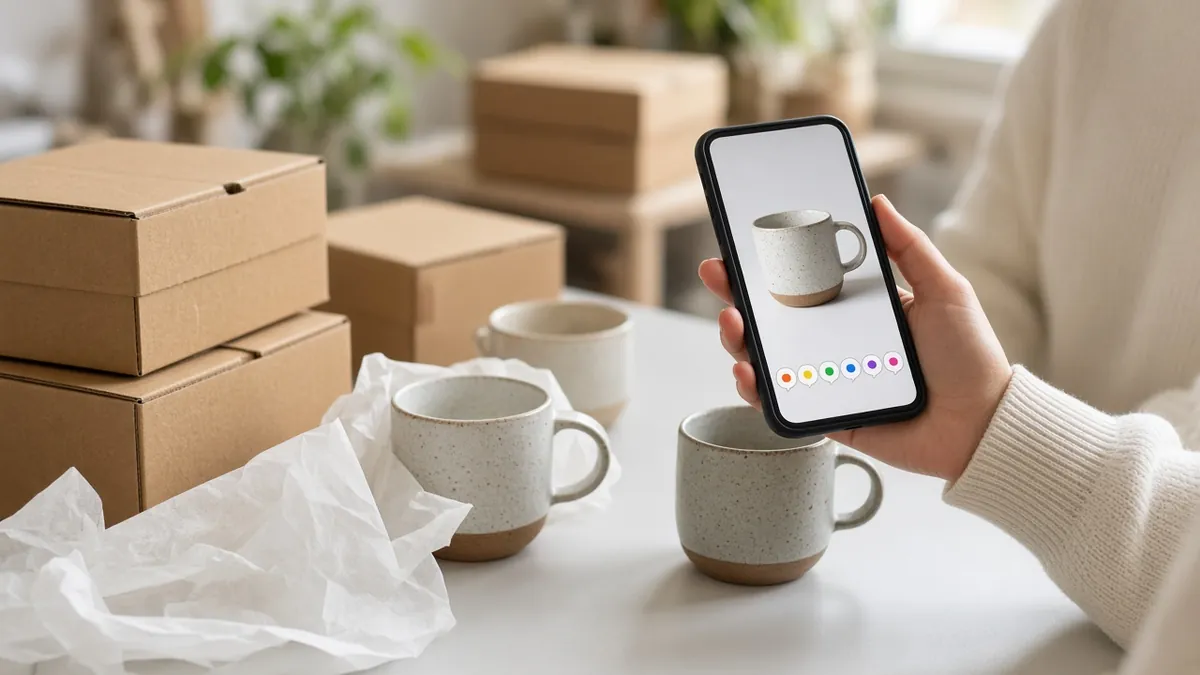 Shop owner photographing handmade ceramic mugs among shipping boxes