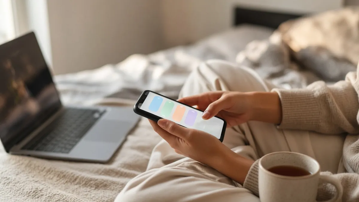 Creator replying to messages on a phone in bed next to a laptop and a mug of tea