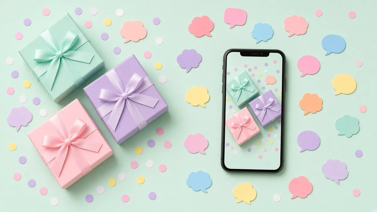 Pastel gift boxes and paper speech bubbles beside a phone showing the same flat lay