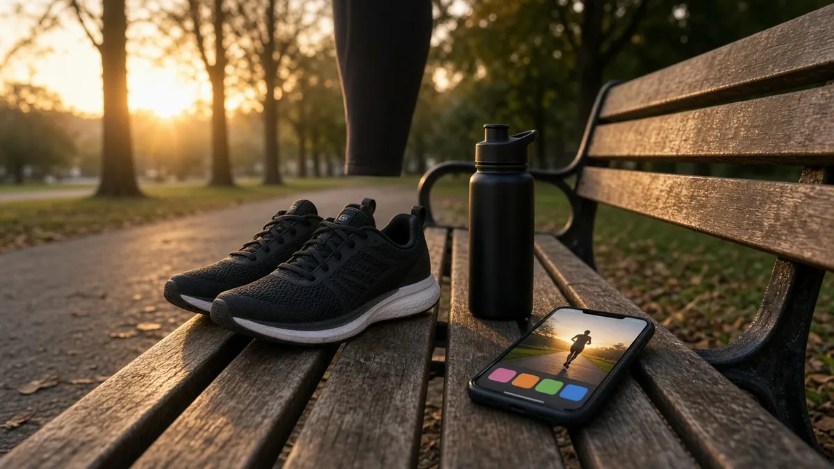 Running shoes, a water bottle and a phone with a runner photo on a park bench at sunrise