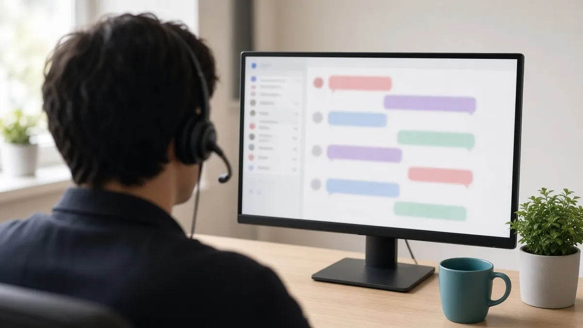 Support agent with a headset reading a chat thread on a desktop monitor