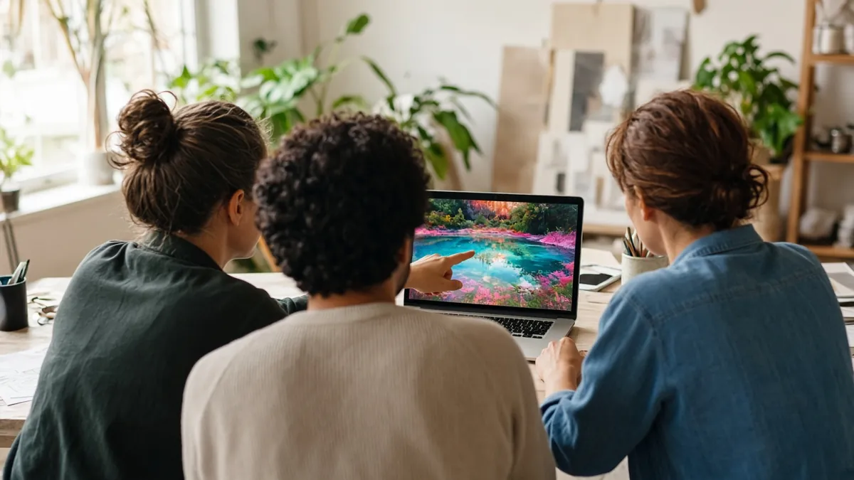 Three people in a studio pointing at a vivid landscape photo on a laptop