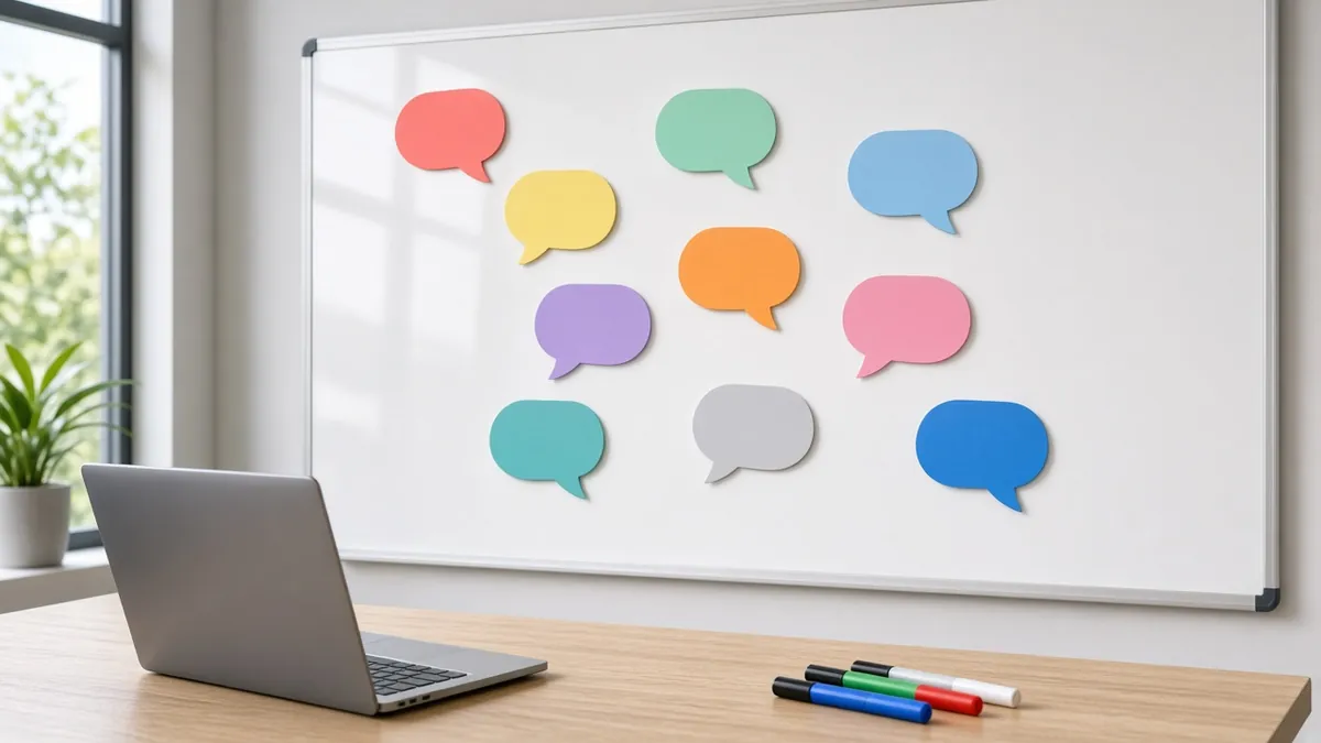 Whiteboard covered in colorful paper speech bubbles above a desk with a laptop and markers