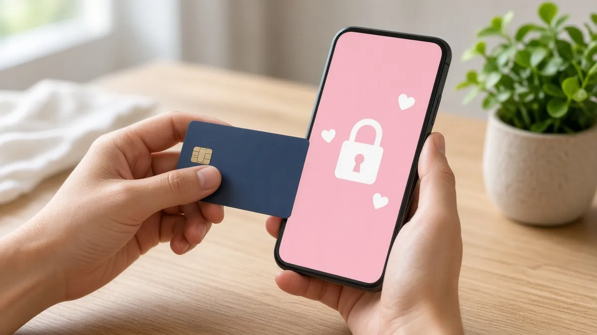 Hands holding a navy bank card beside a pink phone screen with a padlock and small hearts