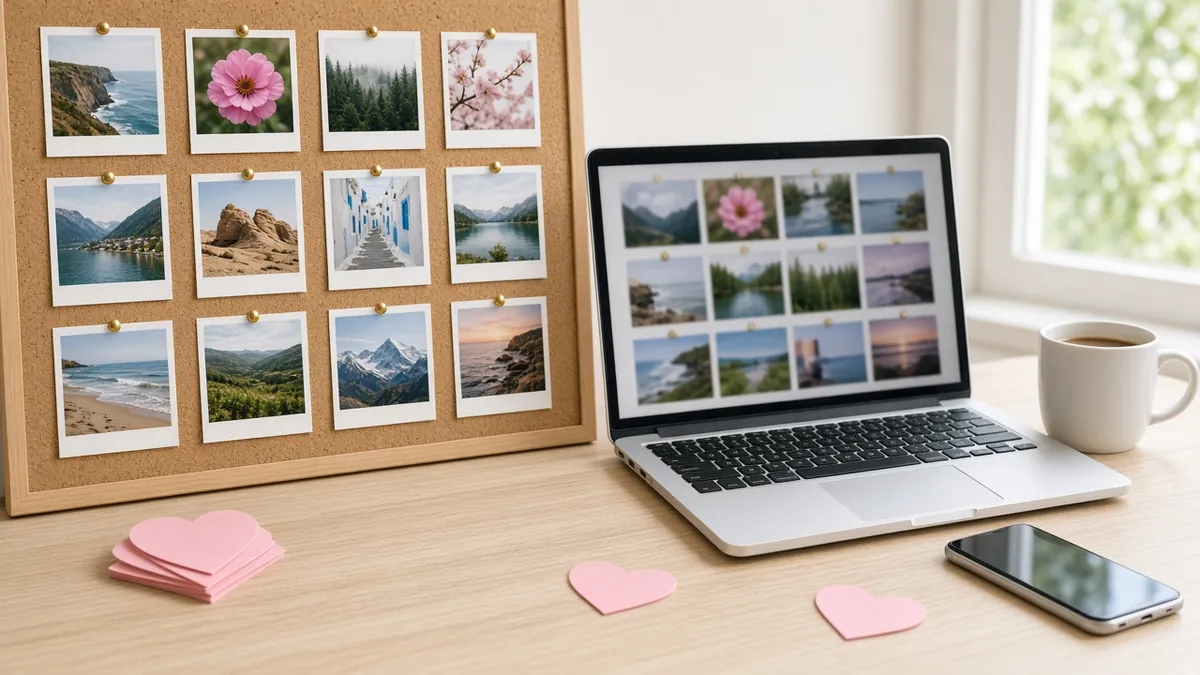 Corkboard of pinned travel prints beside a laptop with a matching photo grid and paper hearts