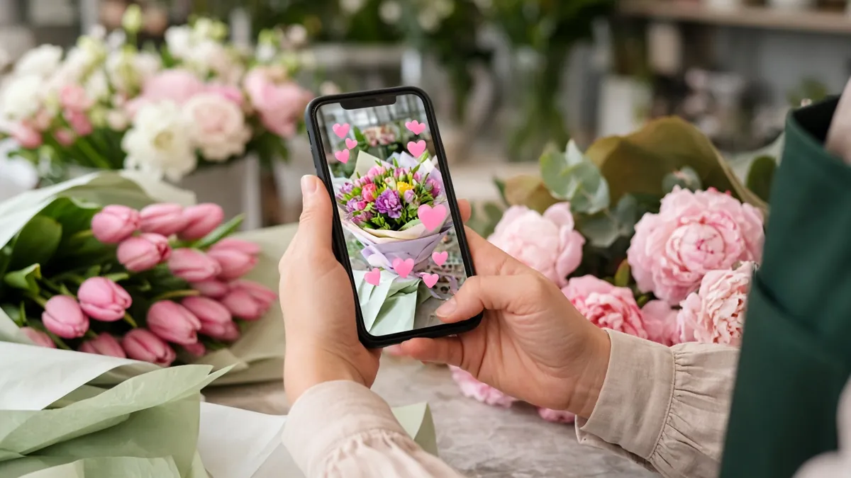 Florist photographing a fresh bouquet on her phone among pink peonies and tulips