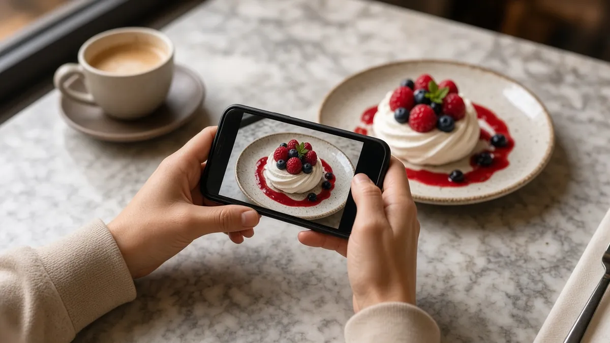 Food creator photographing a berry pavlova with a phone at a marble cafe table