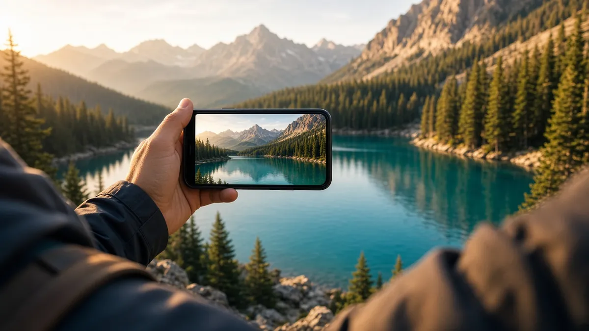 Hiker framing a turquoise mountain lake on a phone at golden hour