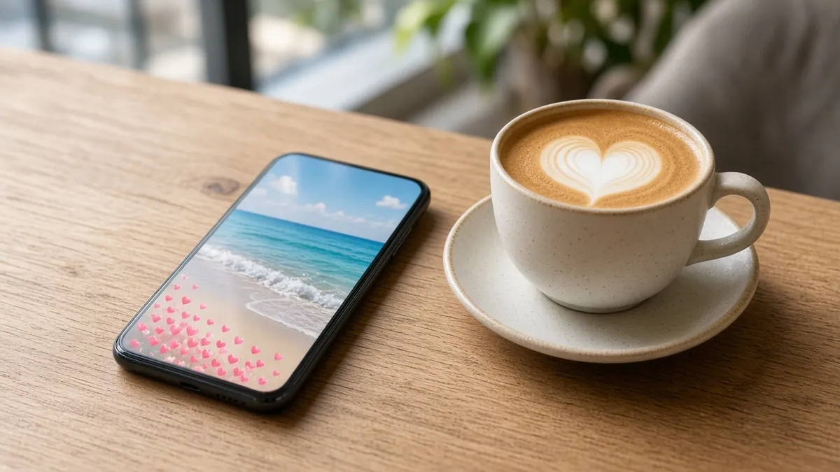 Phone showing a beach photo with floating pink hearts next to a heart latte, the moment after you buy Instagram likes