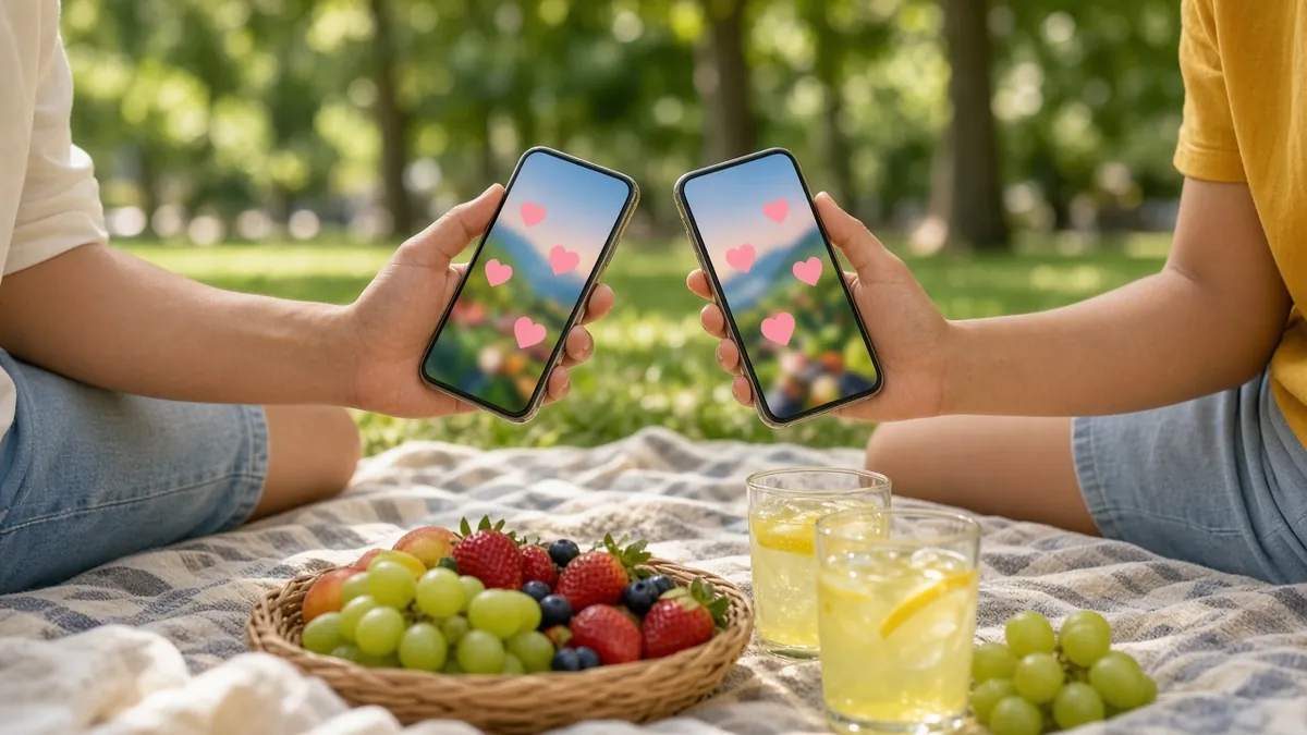 Two friends on a picnic blanket holding up phones with heart reactions over fruit and lemonade