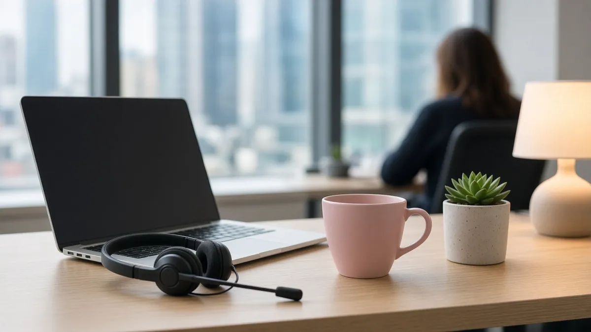 Support desk with a laptop, headset, pink mug and succulent in a bright city office