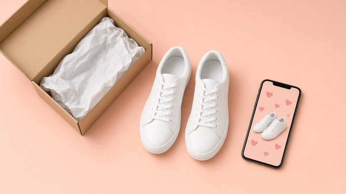 White sneakers next to their shipping box and a phone showing the product shot with hearts