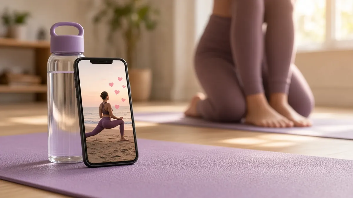 Phone propped against a water bottle on a lilac yoga mat, showing a beach yoga pose with hearts