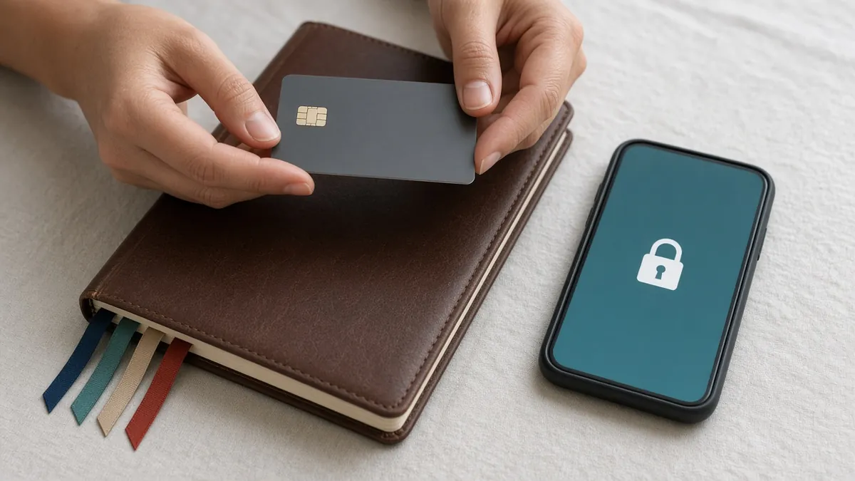Hands holding a grey card over a leather planner beside a phone with a padlock screen