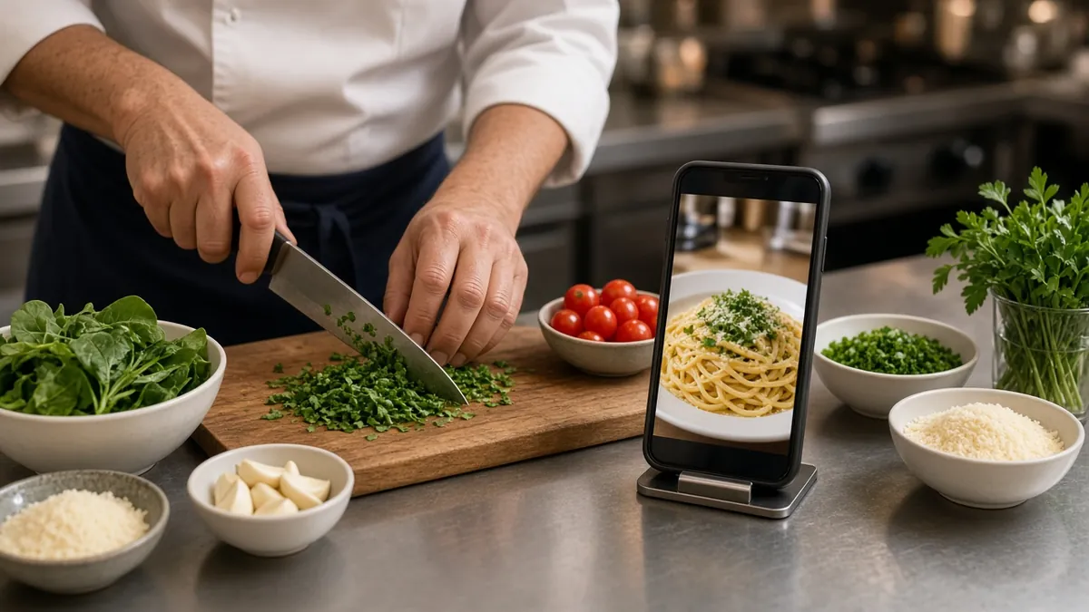 Chef chopping herbs next to a phone on a stand showing a finished pasta dish