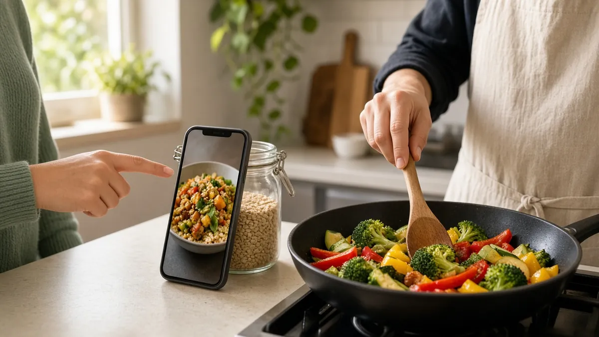 Friend pointing at a saved recipe on a phone while vegetables sizzle in a pan