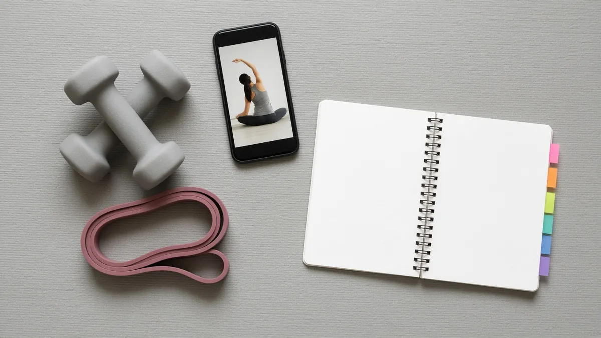 Dumbbells, a resistance band, a phone with a stretch pose and a tabbed notebook