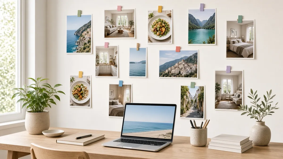Inspiration wall of travel, food and interior prints above a desk with a laptop