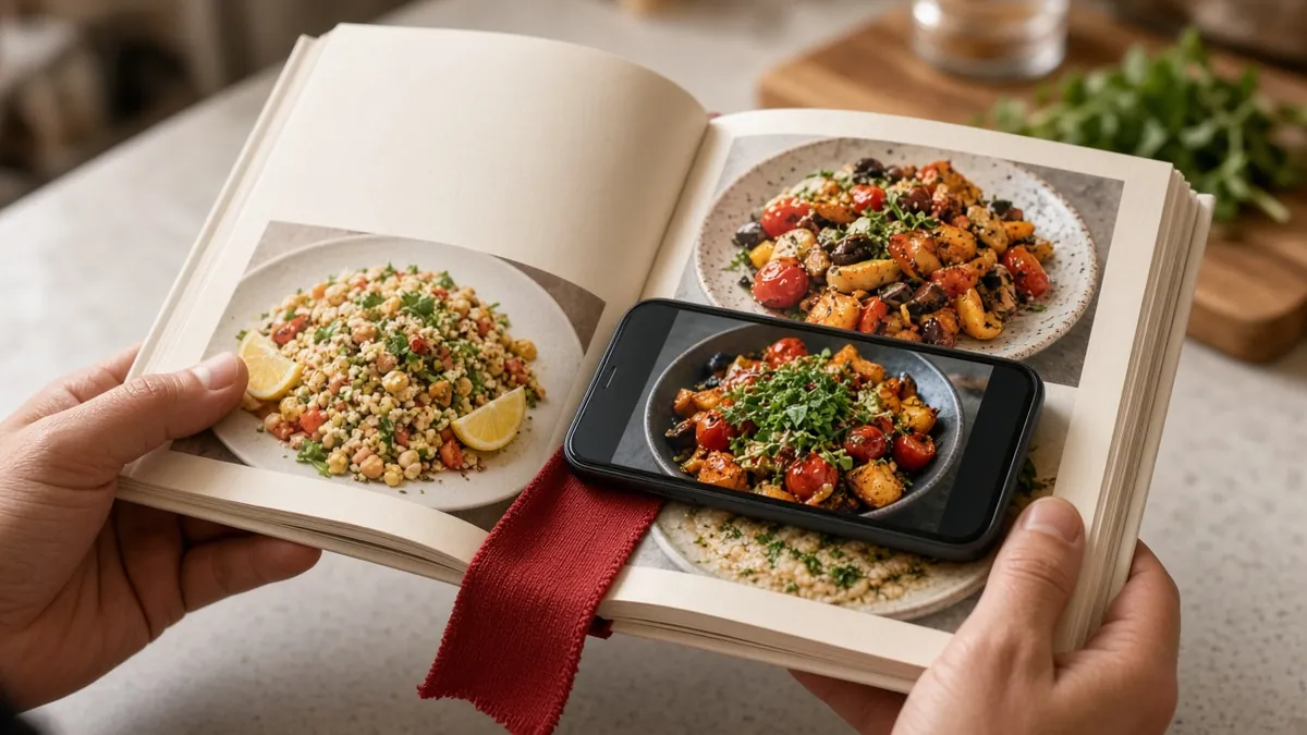 Open recipe book with a phone showing the same roasted vegetable dish