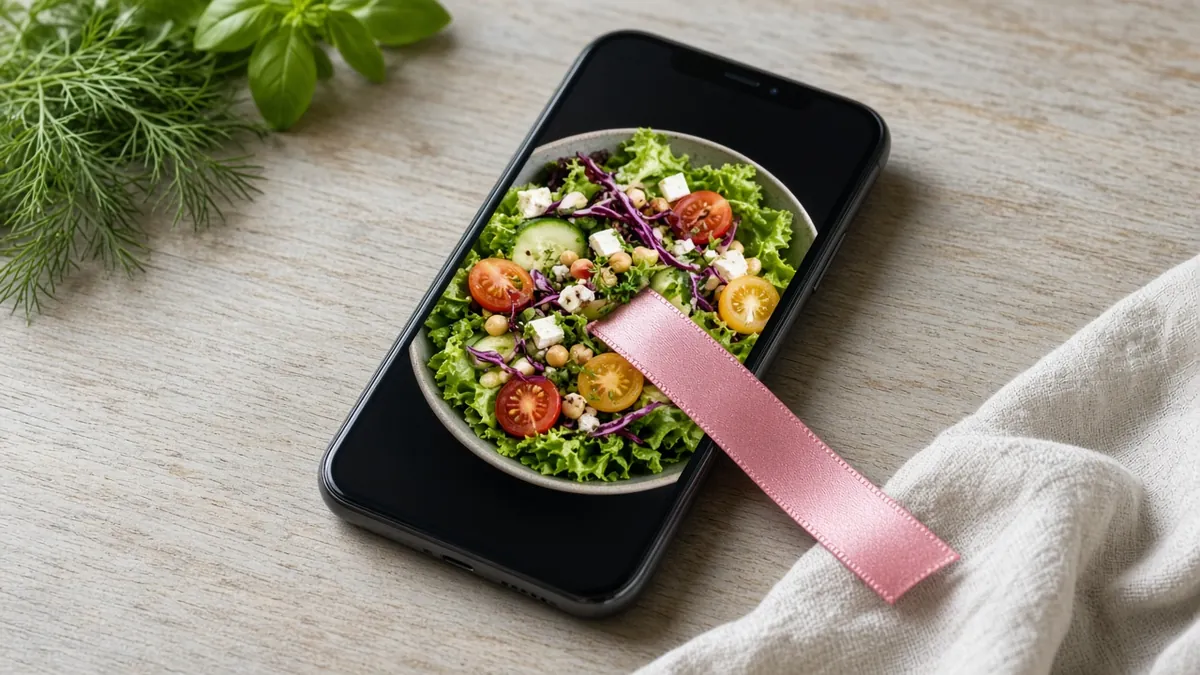 Phone showing a colorful salad with a pink bookmark ribbon across it, a recipe worth saving when you buy Instagram saves