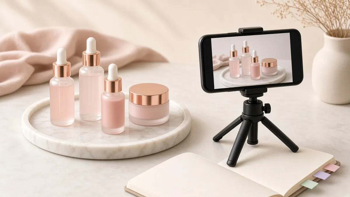 Skincare bottles on a marble tray filmed by a phone on a tripod beside a tabbed notebook