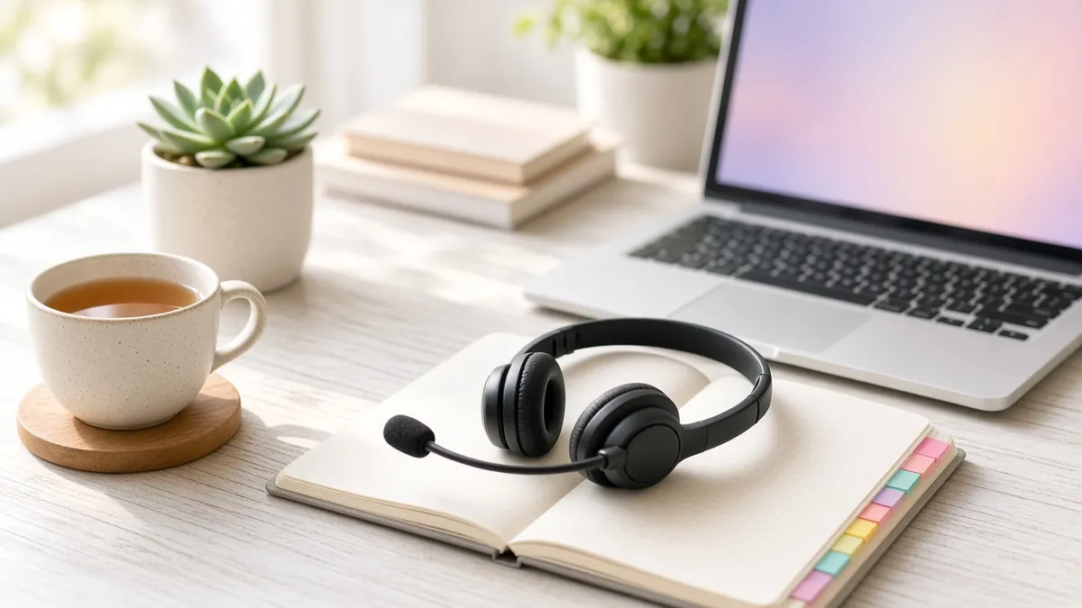 Headset resting on an open planner with colorful bookmark tabs beside a laptop and tea