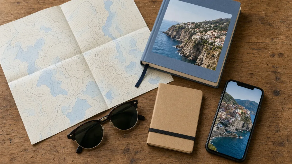 Travel flat lay with a map, a guidebook of a cliffside village, sunglasses and a phone