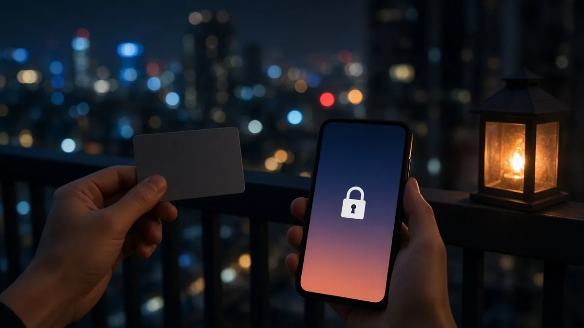 Hands holding a card and a phone with a padlock on a balcony at night beside a lantern