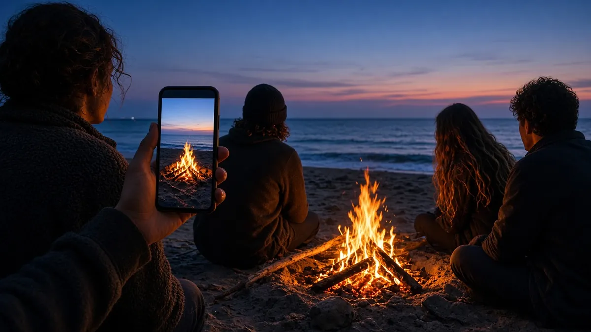 Friends around a beach bonfire at dusk while one captures the flames on a phone
