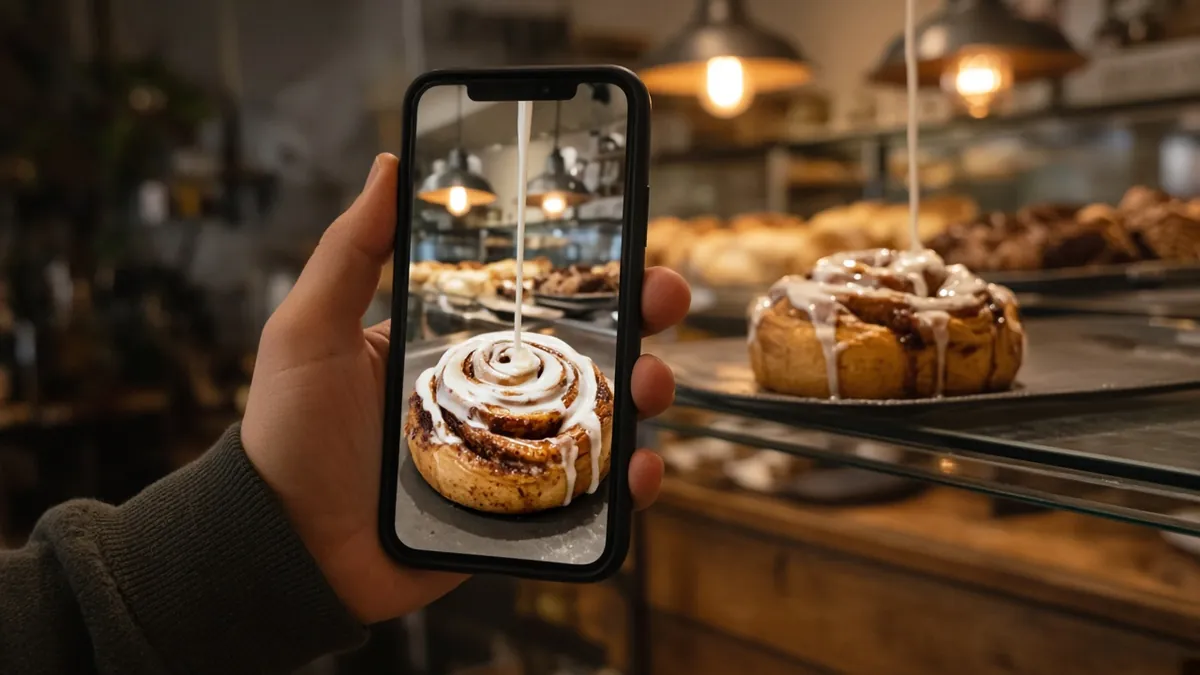 Phone capturing icing drizzled over a cinnamon roll at a bakery counter