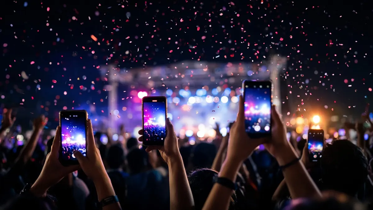 Concert crowd raising phones under falling confetti and stage lights
