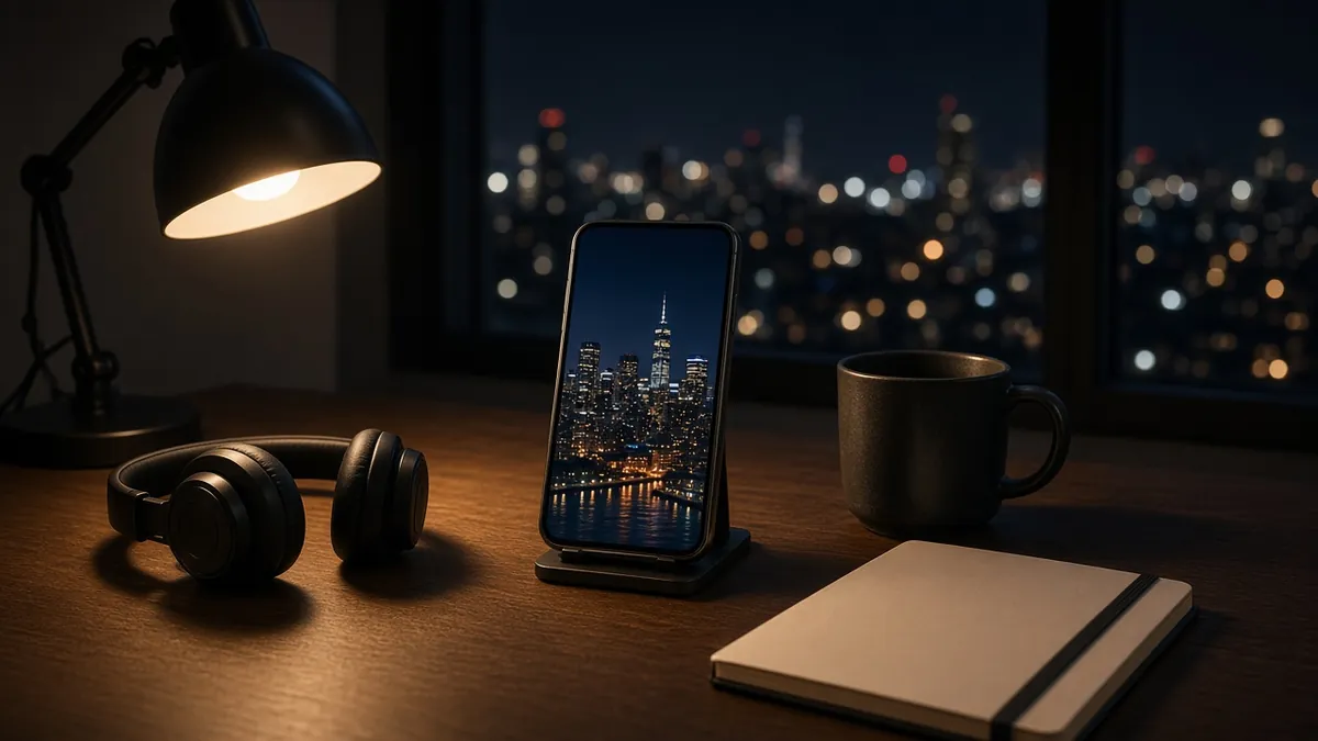 Night desk with a lamp, headphones, notebook and a phone showing a city skyline