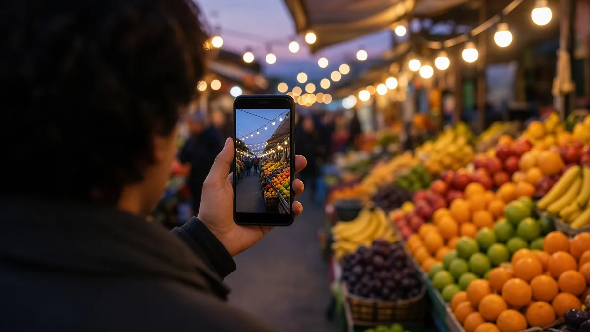 Creator filming a lantern-lit night market with fruit stalls on a phone