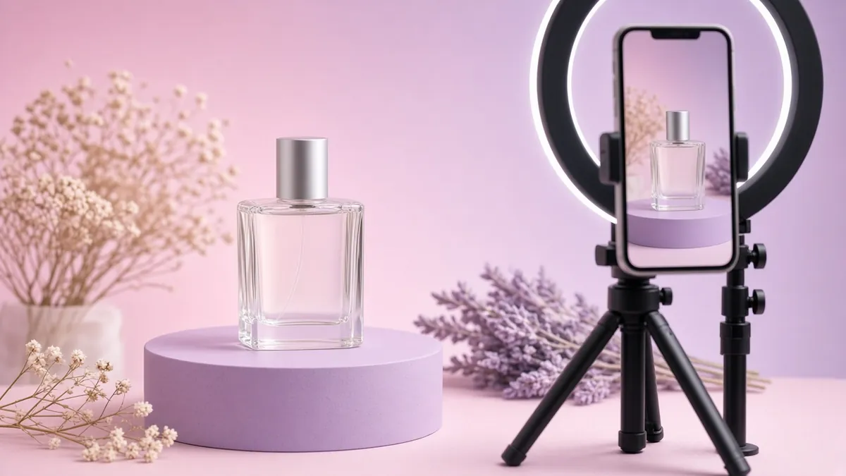 Perfume bottle on a lilac podium filmed by a phone in a ring light