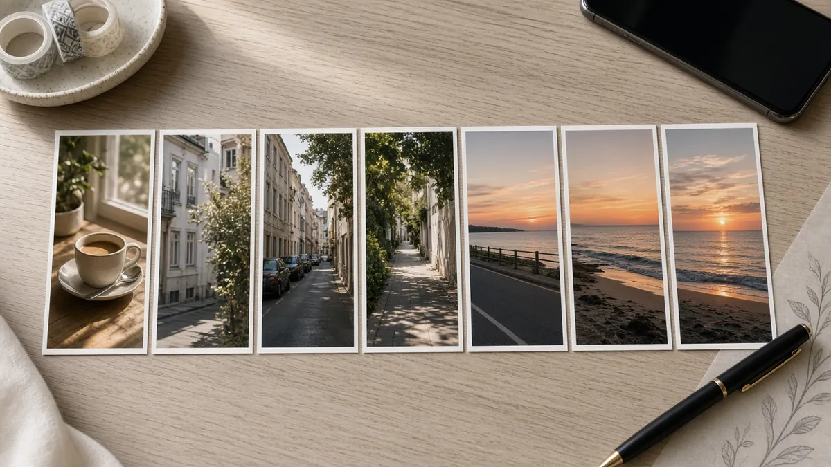 Row of tall printed frames from a cafe morning to a beach sunset laid out on a desk