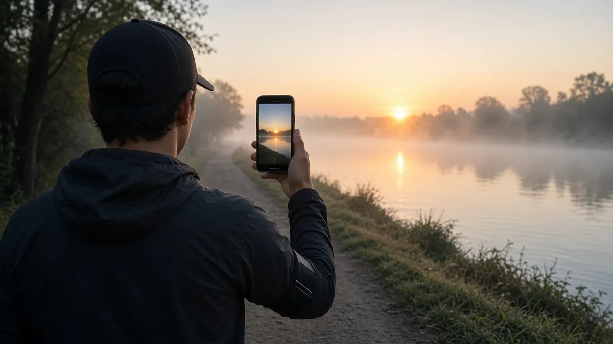 Runner capturing a misty river sunrise on a phone