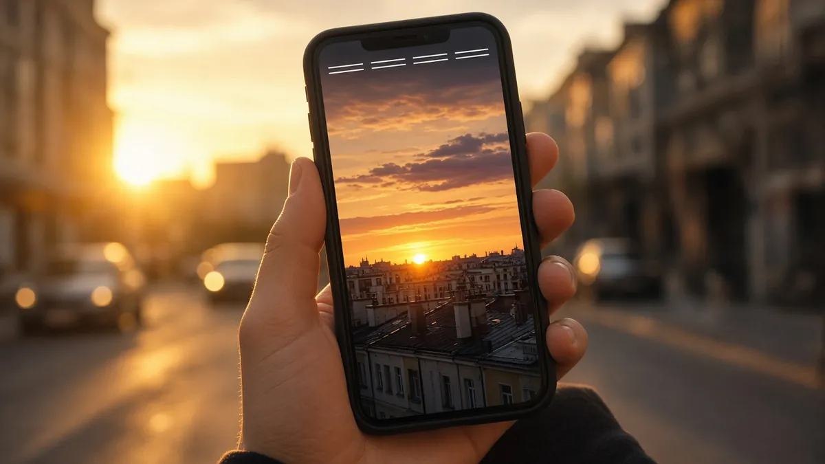 Hand holding a phone with a sunset over city rooftops on a quiet street, the kind of story people share after they buy Instagram story views