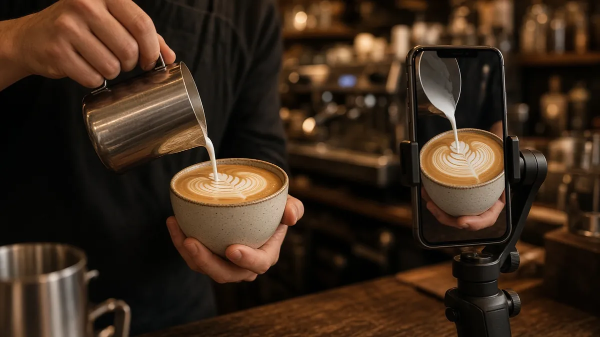 Barista pouring latte art while a phone on a stand films the pour