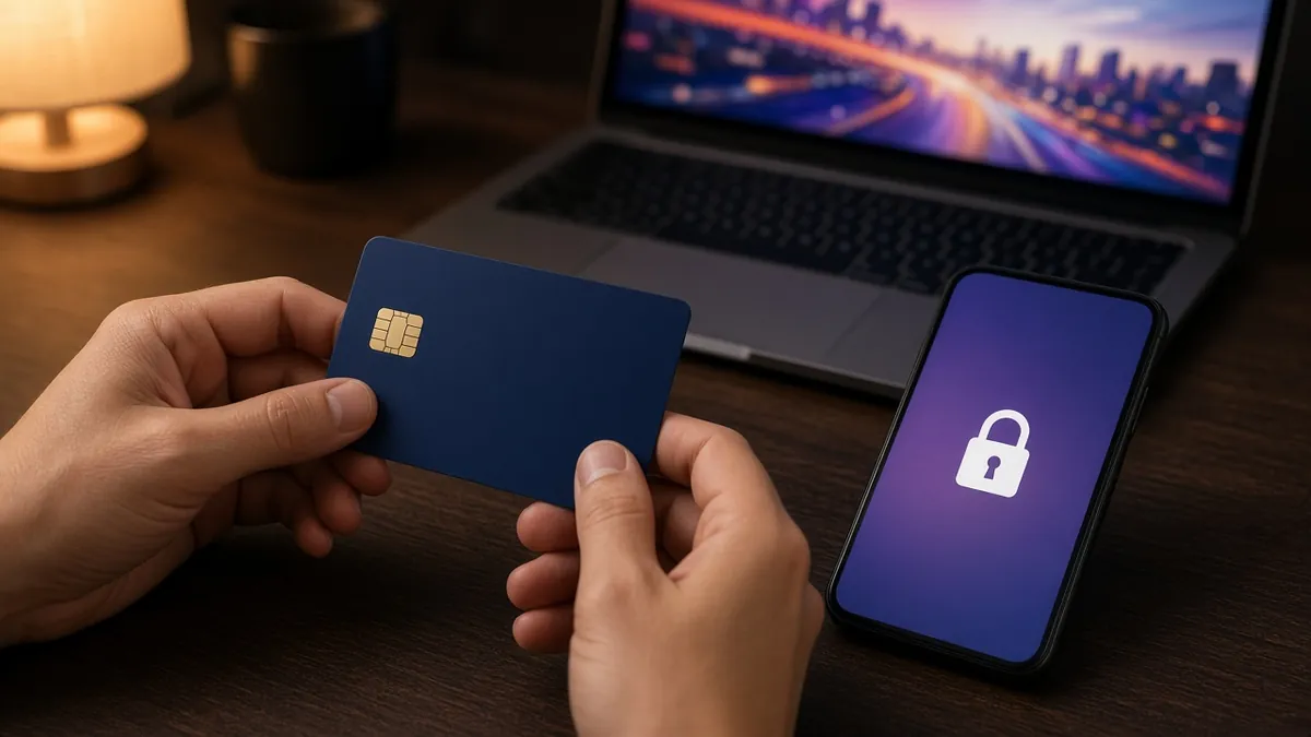 Hands holding a navy card next to a phone with a padlock screen and a laptop in warm lamplight