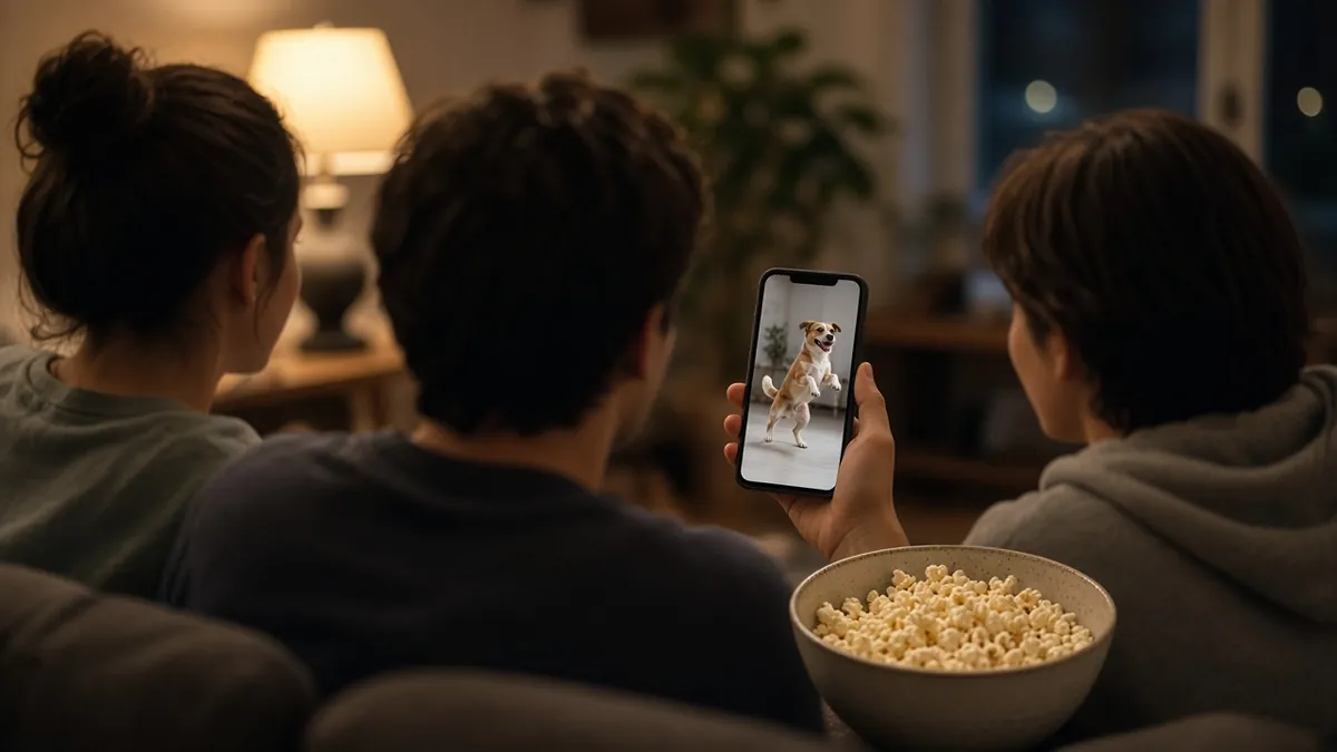 Friends on a sofa watching a funny dog video on a phone with a bowl of popcorn