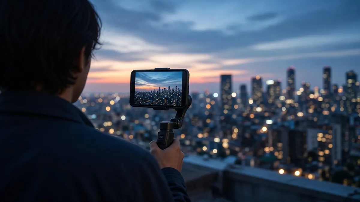Videographer filming a city skyline at dusk with a phone on a gimbal