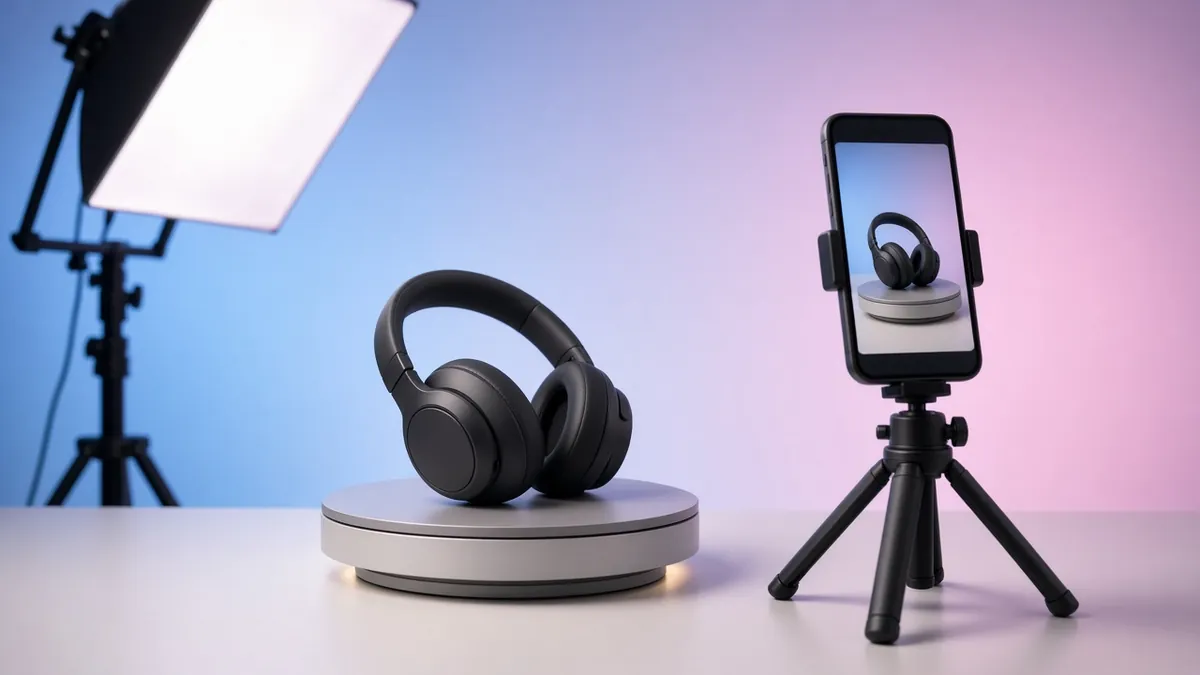 Headphones on a turntable under a softbox while a phone on a tripod films the product